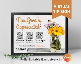 Virtual Tip Jar Sign, 3 QR Code Pay, Printable Venmo Payment Sign, Tips Appreciated Template, Fully Editable in Canva, Marketing Materials