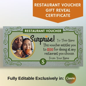 Restaurantvoucher cadeaubon, verrassingscadeaukaart dineren, volledig bewerkbaar in canvas, gepersonaliseerd vakantiecadeau, afdrukbaar