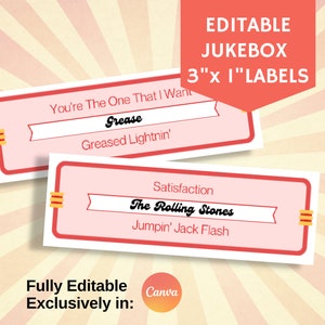 Bewerkbare retro jukeboxlabels, label van nummer en artiest, aanpassen met je muziekafspeellijst, volledig bewerken in canvas, voor thuis Diner Bar Restaurant