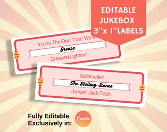 Editable Retro Jukebox Labels, Song and Artist Label, Customize with Your Music Playlist, Fully Edit in Canva, For Home Diner Bar Restaurant