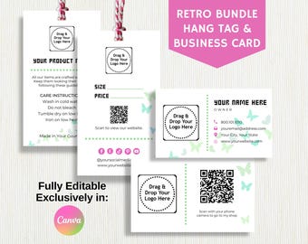 Paquete de etiqueta colgante retro y tarjeta de presentación, de dos caras con código QR, plantilla totalmente editable, exclusivamente en Canva, para branding de pequeñas empresas.