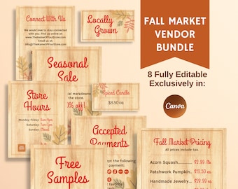 May include: Eight editable fall market vendor signs with a wood grain background and autumn leaves. The signs include store hours, seasonal sale, free samples, accepted payments, spiced candle, and fall market pricing. The text is in red and white.