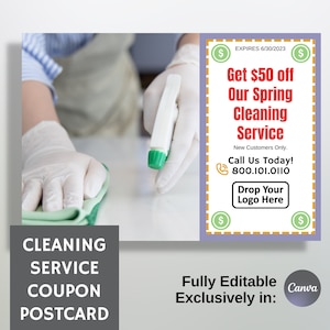 Ansichtkaart schoonmaakservicecoupon, marketingmailer, volledig bewerkbaar in canvas, dubbelzijdige kaart, kortingsflyer voor kleine bedrijven, afdrukbare sjabloon