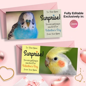 Chèque cadeau oiseau, Meilleure carte-cadeau pour la Saint-Valentin, Cadeau surprise de dernière minute, Faire-part oiseau de compagnie personnalisé, Imprimable