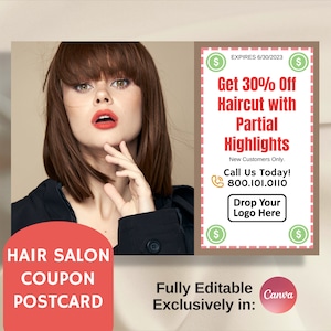 Hair Salon Coupon Postkarte, Marketing Mailer, vollständig editierbar in Canva, doppelseitige Karte, druckbares Branding für kleine Unternehmen, Spa Rabatt Flyer
