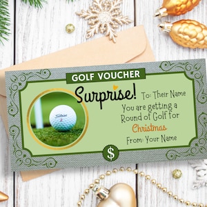 Certificado de regalo de golf, tarjeta de regalo de Navidad, totalmente editable en Canva, regalo de vacaciones personalizado para una ronda de golf, regalo para él