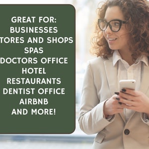 photo of smartly dressed woman holding her phone and looking at the list. Great for businesses, stores and shops, spas, doctors office, hotel restaurants, dentist office, airbnb and more