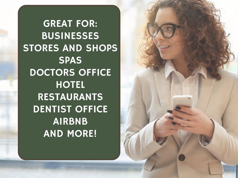 photo of smartly dressed woman holding her phone and looking at the list. Great for businesses, stores and shops, spas, doctors office, hotel restaurants, dentist office, airbnb and more