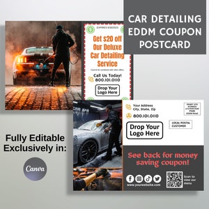 Cartão postal de cupom EDDM de detalhamento de carro, mala direta de marketing de lavagem de automóveis, Canva totalmente editável, cartão frente e verso, modelo de folheto de desconto para pequenas empresas