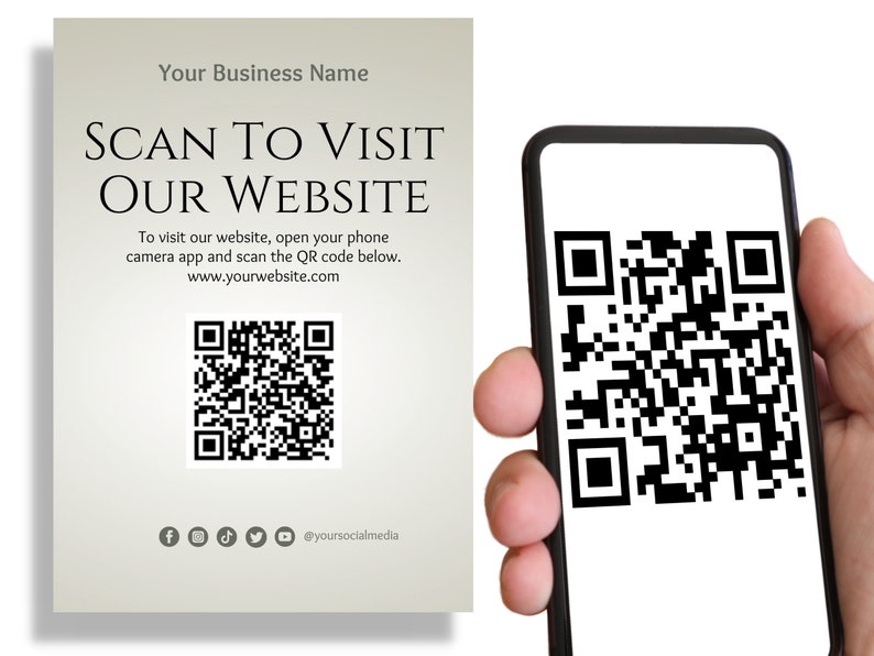 Image of a persons hand holding their phone and scanning the qr code on the sign. This shows you how the patron would use the sign to get access to your website on their phone.