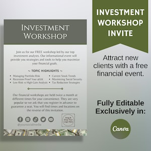 Invito al workshop sugli investimenti finanziari, completamente modificabile in Canva, biglietto bifacciale, brochure stampabile per presentazione, programma educativo