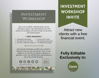 Uitnodiging workshop financiële investering, volledig bewerkbaar in canvas, dubbelzijdige kaart, afdrukbare brochure voor presentatie, educatief programma