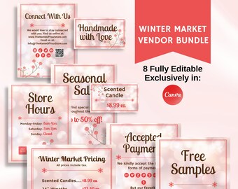 May include: A set of eight customizable templates for a winter market vendor. The templates feature a pink and white background with a snowflake design. The text on the templates includes "Winter Market Vendor Bundle", "Store Hours", "Seasonal Sale", "Scented Candle", "Winter Market Pricing", "Accept Payment", and "Free Samples".