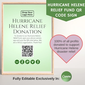 Sinal de QR Code Scan do Fundo de Doações do Furacão Helene, Sinal de Contribuição para Alívio de Desastres, Doações do Go Fund Me, Totalmente Editável no Canva