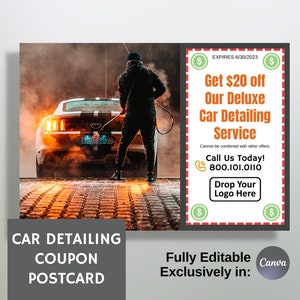 Cartão postal de cupom de detalhamento de carro, mala direta de marketing de lavagem de automóveis, totalmente editável no Canva, cartão frente e verso, modelo de folheto de desconto para pequenas empresas