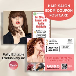 Cartão postal de cupom EDDM para salão de beleza, mala direta de marketing, totalmente editável no Canva, cartão de desconto para spa frente e verso, modelo de folheto para pequenas empresas