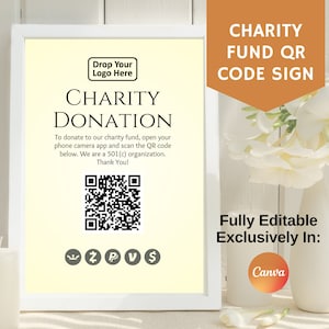 Letrero con código QR para escanear fondos de donaciones benéficas, donaciones de Venmo, PayPal, Cash App, Zelle, Go Fund Me, totalmente editable en Canva, letrero para evento de recaudación de fondos.