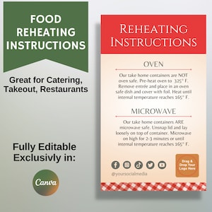 Kaart met instructies voor het opwarmen van eten, volledig bewerkbaar, exclusief op canvas, afdrukbaar foodservice, catering en restaurant, gids voor eten