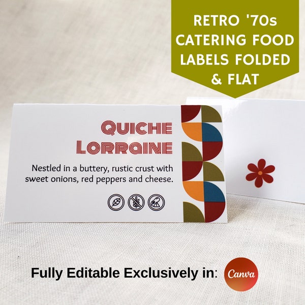 Retro '70s Catering Food Labels for Entertaining, Great for Business and Home Events, Party Buffet Signs, Table Tent Card, Food Station Sign