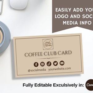 The back of the card is cream colored and has a place to add in your logo. It has social media icons and place for web address. The card is sitting on a desk next to a cup of coffee. Copy reads easiy add your logo and social media info. fully edit