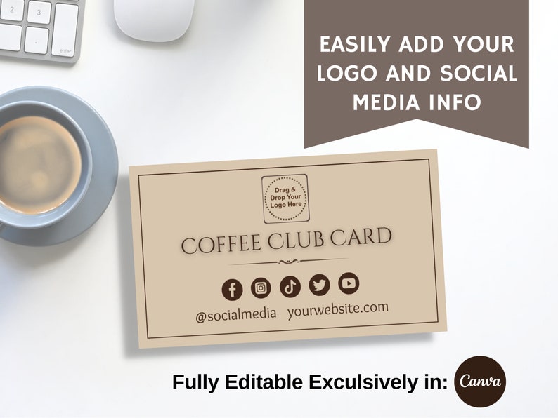 The back of the card is cream colored and has a place to add in your logo. It has social media icons and place for web address. The card is sitting on a desk next to a cup of coffee. Copy reads easiy add your logo and social media info. fully edit