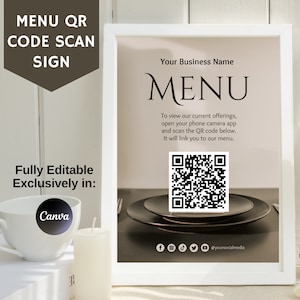 Menu editável QR Code Scan Sign, Menu sem papel para refeições, Modelos de restaurante, Totalmente editável no Canva, Materiais de marketing Bares e cafés
