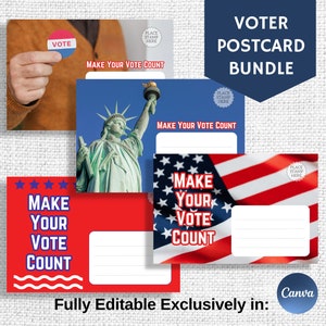 May include: A set of three printable voter postcard designs. Each postcard features a red, white, and blue American flag design with the text "Make Your Vote Count".