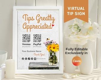 Virtual Tip Jar Sign, Two QR Code Pay, Printable Venmo Payment Sign, Tips Appreciated Template, Fully Editable in Canva, Marketing Materials