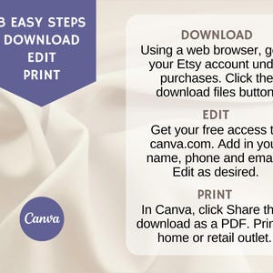 Puede incluir: Un fondo blanco con un cuadro morado que contiene el texto "3 Easy Steps Download Edit Print". Un segundo cuadro morado contiene el texto "Download, Edit, Print" con instrucciones sobre c&oacute;mo descargar, editar e imprimir un producto digital usando Etsy y Canva.