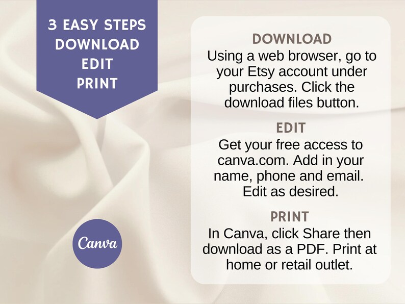 Puede incluir: Un fondo blanco con un cuadro morado que contiene el texto "3 Easy Steps Download Edit Print". Un segundo cuadro morado contiene el texto "Download, Edit, Print" con instrucciones sobre c&oacute;mo descargar, editar e imprimir un producto digital usando Etsy y Canva.