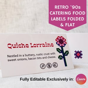 Retro 90er Jahre Gastro-Lebensmitteletiketten zur Unterhaltung, ideal für Geschäfts- und Heimveranstaltungen, Party-Buffet-Schilder, Tischzeltkarte, Food-Station-Schild