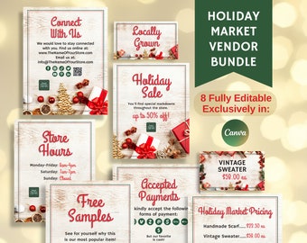 May include: A set of eight customizable social media templates for holiday market vendors. The templates feature a rustic wood background with red and green Christmas decorations. The text on the templates includes "Holiday Market Vendor Bundle", "Connect With Us", "Store Hours", "Free Samples", "Holiday Sale", "Accepted Payments", "Vintage Sweater $50.00 ea", and "Holiday Market Pricing".