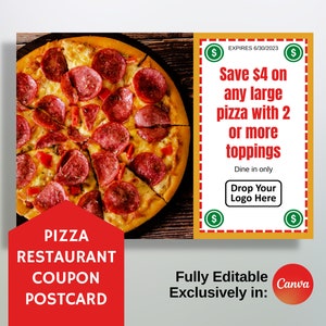 Carte postale avec coupon pour pizzeria, publipostage, Entièrement modifiable sur toile, Carte recto-verso, Impression de marque de petite entreprise, Cuisine italienne