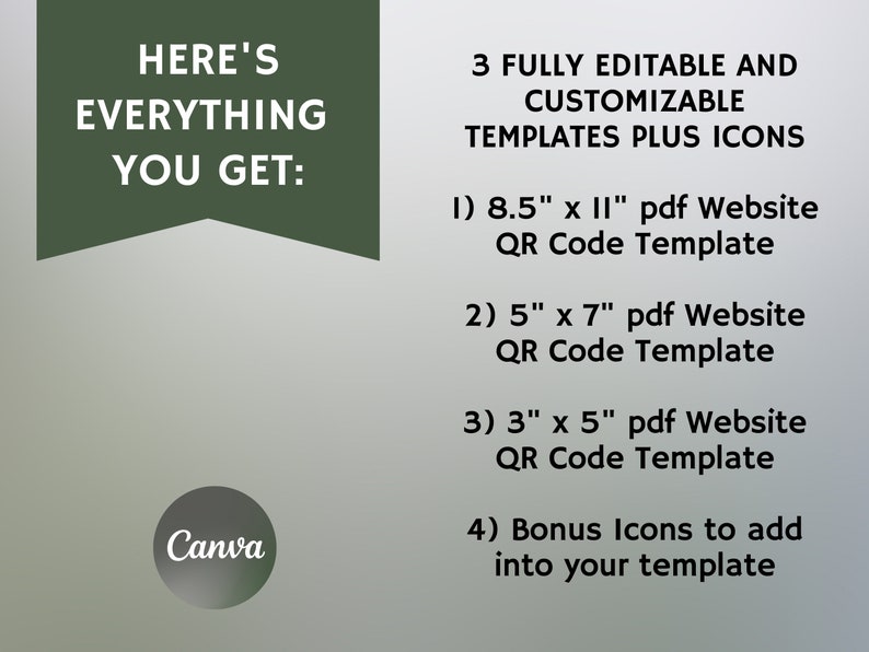May include: A green banner with the text "HERE'S EVERYTHING YOU GET:" and the word "Canva" in white text on a gray circle. Below the banner is a list of 4 items: 3 fully editable and customizable website QR code templates in PDF format, with dimensions of 8.5 x 11 inches, 5 x 7 inches, and 3 x 5 inches, and bonus icons to add to your template.