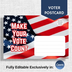 May include: A red, white, and blue American flag with the text "MAKE YOUR VOTE COUNT" in red letters. The image is a postcard with a blank space for writing a message and a space for a stamp. The text "VOTER POSTCARD" is in blue letters at the top of the image.