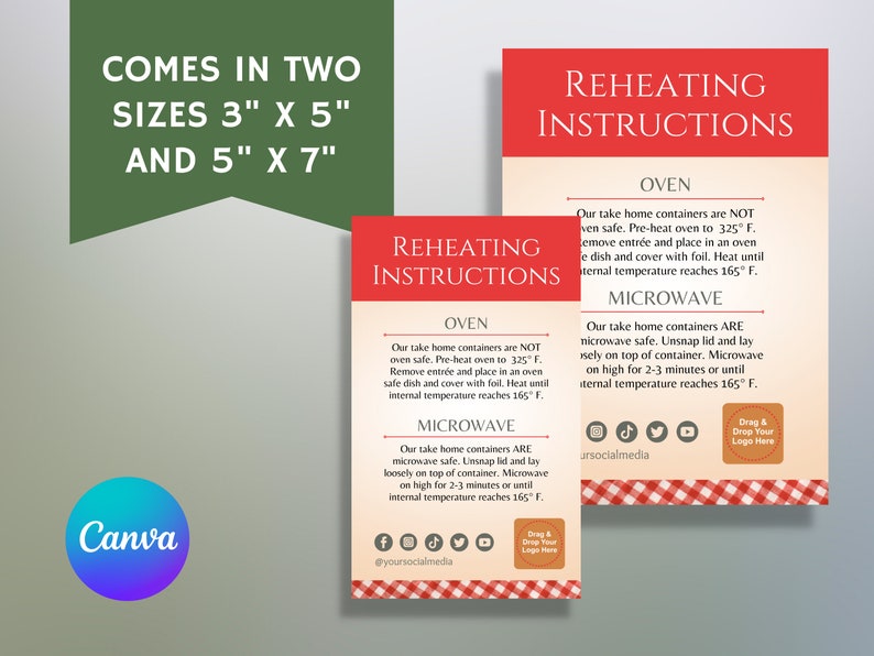 Reheating Instructions Card for Takeout Food, Fully Editable Exclusively in Canva, Foodservice