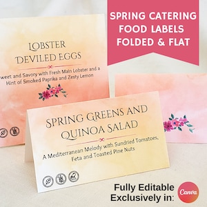 Frühlings-Catering-Lebensmitteletiketten zur Unterhaltung, ideal für Geschäfts- und Heimveranstaltungen, Party-Buffet-Schilder, elegante Zeltkarte, Food-Station-Schilder