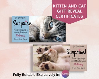 May include: Two printable gift reveal certificates featuring a cat and a kitten. The certificates are light blue and beige with pink text. The text reads "Surprise! You are getting a new cat for your Birthday. From: Your Name".
