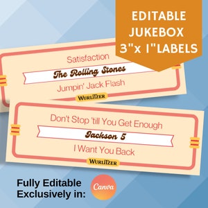 Editable Wurlitzer Jukebox Labels, Retro Song and Artist Labels, Customize with Your Music Playlist, For Home Diner Bar Restaurant