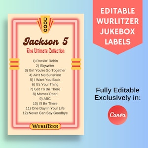 Editable Wurlitzer Jukebox Labels, Retro Album and CD Labels, Customize with Your Music Playlist, Great for Home Diner Bar Restaurant