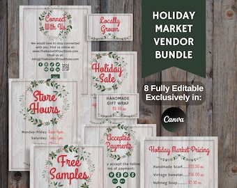 May include: Eight customizable holiday market vendor signs with a woodgrain background. The signs feature a wreath design with red berries and green leaves. The text on the signs includes "Connect With Us", "Locally Grown", "Holiday Sale", "Store Hours", "Free Samples", "Accepted Payments", "Holiday Market Pricing", and "Handmade Gift Wrap".
