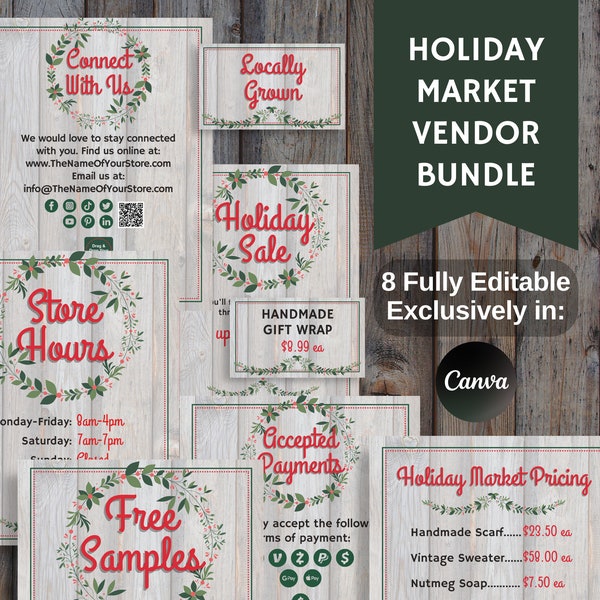 Holiday Market Vendor Bundle, Farmer's Market and Craft Fair Marketing Tools, Customizable Retail Store Templates, Fully Editable in Canva