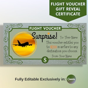 Certificado de regalo de vuelo, tarjeta de regalo sorpresa de viaje, totalmente editable en Canva, regalo de vacaciones personalizado, imprimible