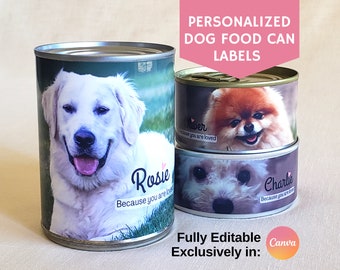 Gepersonaliseerd etiket hondenvoerblik, uniek huisdiercadeau, label hondenopvang, volledig bewerkbare sjabloon in canvas, puppycadeau, direct digitaal