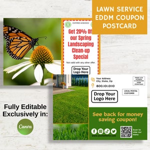 Carte postale EDDM pour l'entretien des pelouses, publipostage du coupon, toile entièrement modifiable, carte recto-verso, brochure de réduction pour les petites entreprises, modèle imprimable