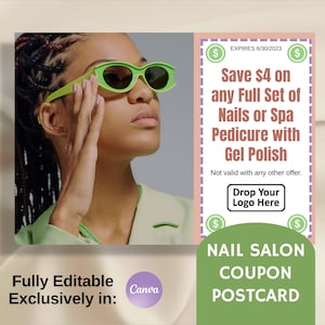 Nail Salon Coupon Postkarte, Marketing-Mailer, vollständig bearbeitbar in Canva, doppelseitige Karte, druckbares Branding für kleine Unternehmen, Spa-Rabatt-Flyer