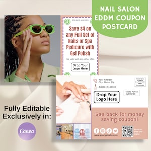Cartão postal de cupom EDDM para salão de beleza, mala direta de marketing, totalmente editável no Canva, cartão de desconto para spa frente e verso, folheto para pequenas empresas para impressão