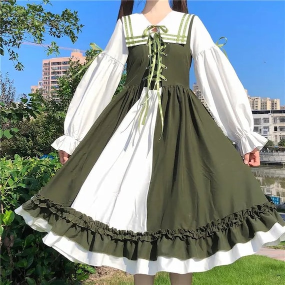 vulgar césped Escandaloso Vestido Lolita con manga larga color blanco verde que bloquea - Etsy España