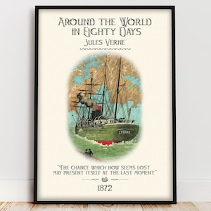 Póster del libro La vuelta al mundo en ochenta días, cita del libro La aventura te espera, arte mural de la literatura clásica, regalo literario para amantes de los libros