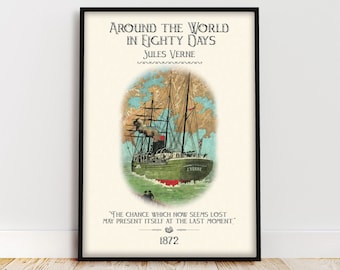 Around the World in Eighty Days Literary Classics Vintage Book Poster Jules Verne Quote Bookish Art Books Booklover Gifthelf Decor